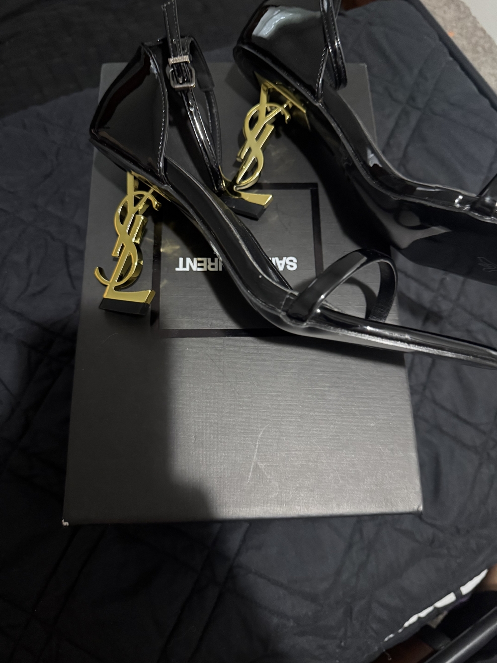 Saint Laurent Black Patent Sandals with Gold YSL Logo Heels